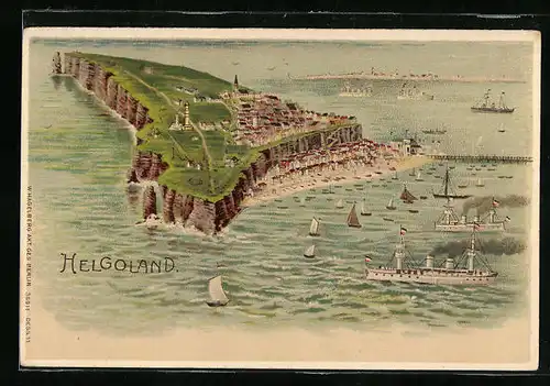 Lithographie Helgoland, Gesamtansicht aus der Vogelschau mit Schiffen