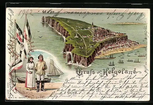 Lithographie Helgoland, Gesamtansicht von oben, Helgoländer Fischerpaar