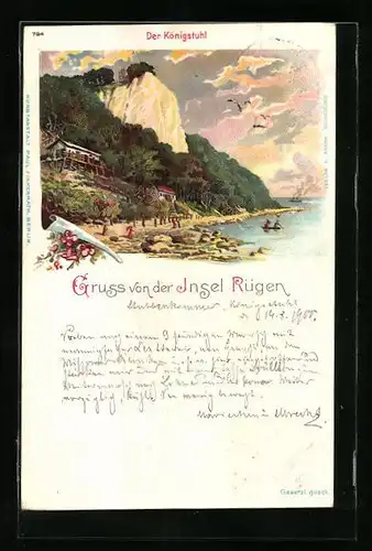 Lithographie Rügen, Der Königstuhl in Abendstimmung