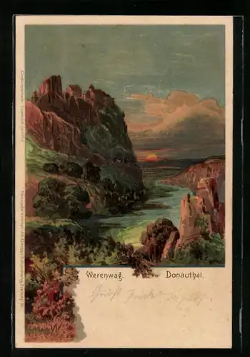 Lithographie Werenwag i. Donauthal, Ortsansicht bei Sonnenuntergang
