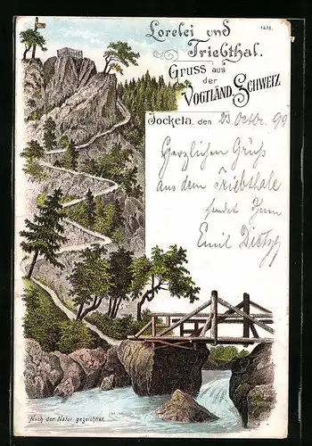 Lithographie Jocketa i. d. Vogtl. Schweiz, Wanderweg mit Fluss