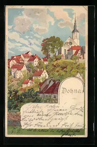 Lithographie Dohna, Ortsansicht mit Kirche