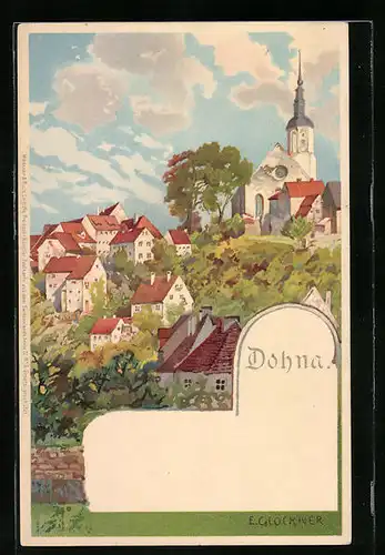 Lithographie Dohna, Ortsansicht mit Kirche