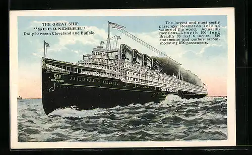 Künstler-AK Passagierschiff Seeandbee auf der Strecke zwischen Cleveland und Buffalo