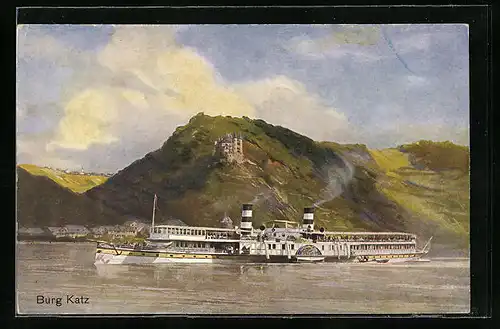 Künstler-AK Rheindampfer Borussia der Köln-Düsseldorfer Rheindampfschifffahrt vor der Burg Katz