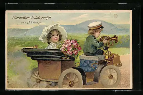 Präge-AK Kleine Kinder mit Blumenstrauss in einem rezenten Automobil