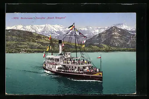 AK Österr. Dampfer Stadt Bregenz in Flaggengala auf dem Bodensee