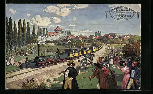 Künstler-AK Menschenmassen begrüssen die erste Eisenbahn Deutschlands