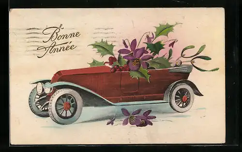 Künstler-AK Neujahrsgrüsse, Zeitgenössisches Automobil mit Stechpalmenzweig