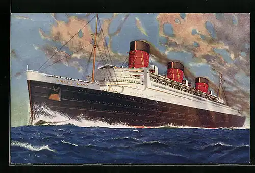 Künstler-AK Passagierschiff RMS Queen Mary der Cunard-White Star Line in voller Fahrt
