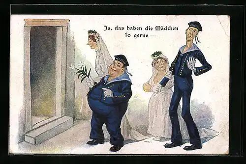 Künstler-AK Matrosen der kaiserlichen Marine mit ihren Bräuten beim Standesamt
