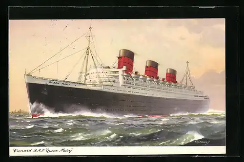 Künstler-AK Passagierschiff RMS Queen Mary der Cunard White Star Line in voller Fahrt