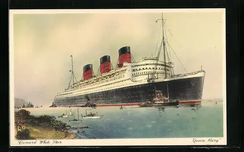 Künstler-AK Passagierschiff RMS Queen Mary der Cunard White Star Line in Küstennähe ankernd