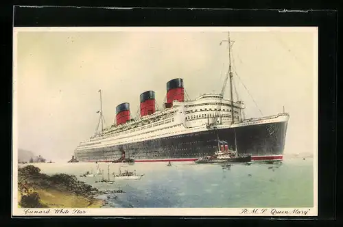 Künstler-AK Passagierschiff RMS Queen Mary der Cunard White Star Line in Küstennähe ankernd