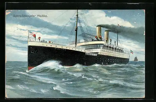 Künstler-AK Schnelldampfer Moltke bei stürmischer See in der Bugansicht