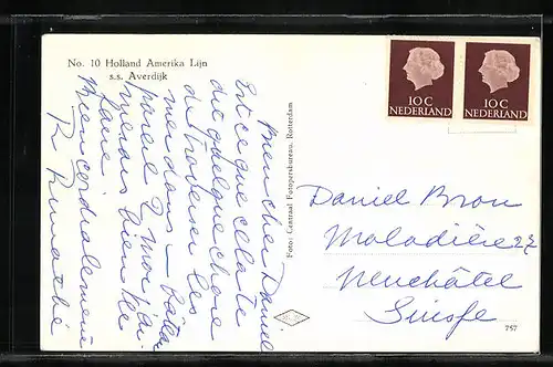 AK Handelsschiff SS Averdijk der Holland-Amerika-Linie gibt Volldampf