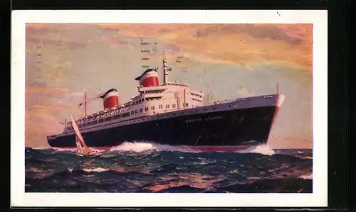 Künstler-AK Passagierschiff SS United States sticht im Abendrot in See