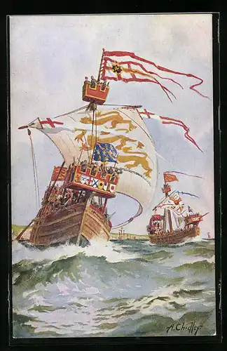 Künstler-AK Segelschiff King`s Ship sticht in See