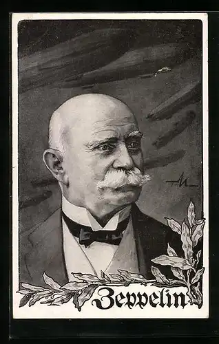 Künstler-AK Portrait des Grafen Ferdinand von Zeppelin im Lorbeerkranz