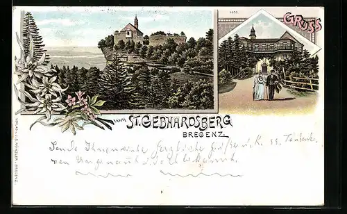 Lithographie Bregenz, St. Gebhardsberg mit Gasthof