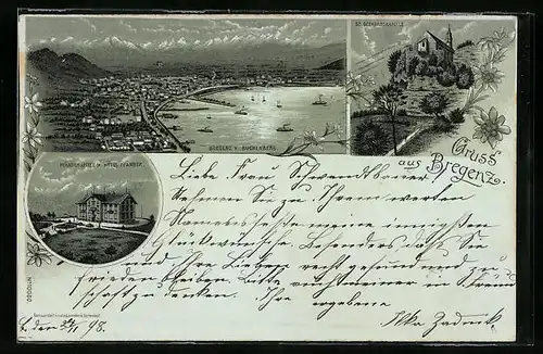 Lithographie Bregenz, Ortsansicht aus der Vogelschau, St. Gebhardskapelle, Pfänderspitze mit Hôtel Pfänder