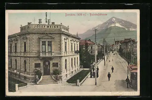 AK Dornbirn, Bahnhofstrasse mit Weinstube Josef Weiss