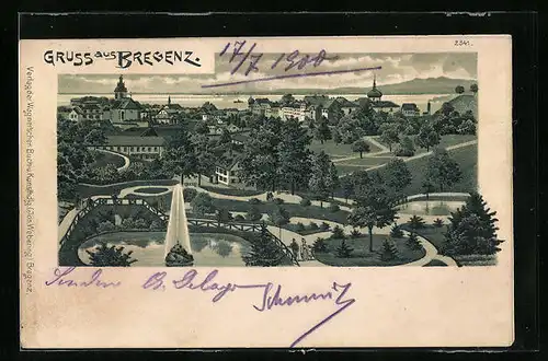 Lithographie Bregenz, Ortsansicht mit Park und Springbrunnen