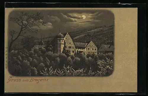 Mondschein-Lithographie Bregenz, Altes Gebäude mit Hügeln