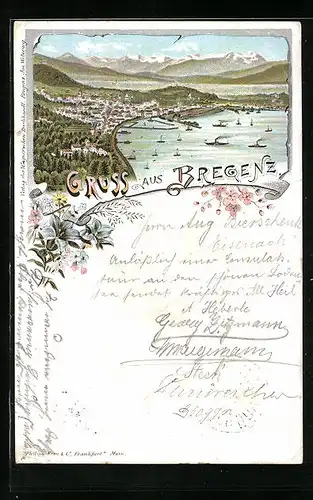 Lithographie Bregenz, Ortsansicht aus der Vogelschau