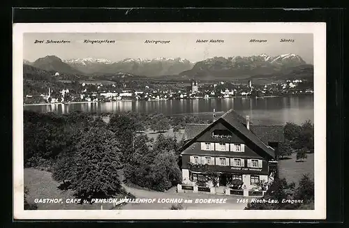 AK Lochau am Bodensee, Gasthof, Café u. Pension Wellenhof mit Blick auf den See
