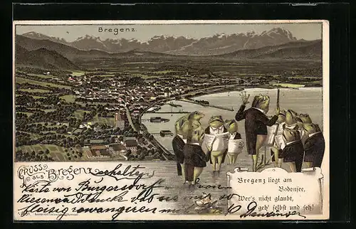 Lithographie Bregenz, Ortsansicht aus der Vogelschau mit Froschorchester