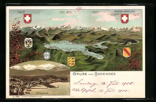 Lithographie Bregenz, Ortsansicht aus der Vogelschau und Übersichtskarte des Bodensees
