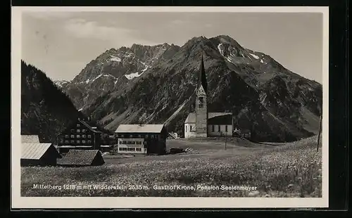 AK Mittelberg, Blick auf den Widderstein, Gasthof Krone und Pension Seelenmeyer