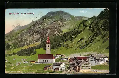 AK Lech, Ortsansicht mit Kirche in grüner Landschaft