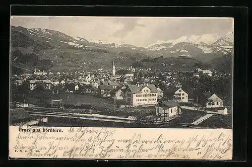 AK Dornbirn, Teilansicht mit Kirche und Bergen