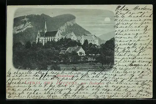 Mondschein-AK Bregenz am Bodensee, Aussicht auf Riedenburg