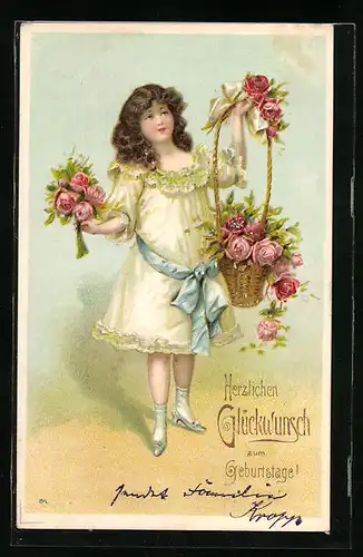 Präge-AK Mädchen mit Korb voller Rosen zum Geburtstag