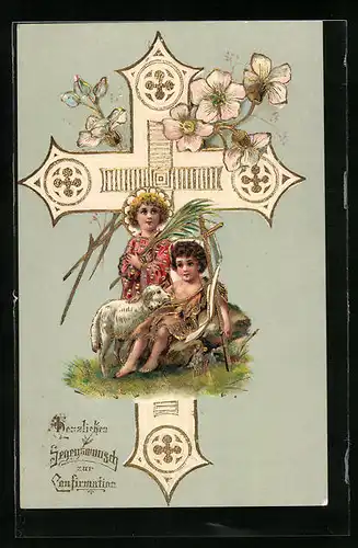Präge-AK Segenswunsch zur Konfirmation, Kinder mit Lamm und Kreuz