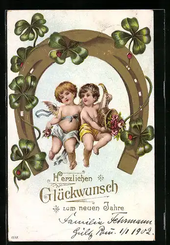 Lithographie Engelchen mit Hufeisen und Kleeblättern, Glückwunsch zum neuen Jahre