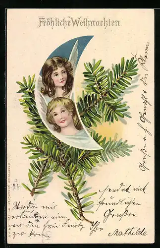 Lithographie Weihnachtsengel mit Tannenzweigen