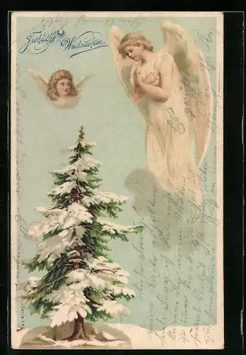 Lithographie Christkind über dem Weihnachtsbaum