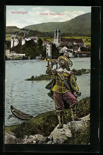 AK Säckingen, Behüt` Dich Gott, Trompeter am Ufer mit Blick zur Kirche