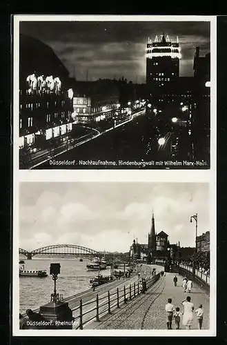 AK Düsseldorf, Hindenburgwall mit Wilhelm Marx-Haus bei Nacht, Rheinufer mit Brücke