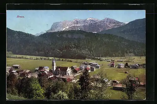 AK Bezau, Ortsansicht mit Umgebung und Blick auf die Berge