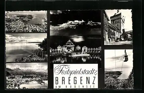 AK Bregenz a. B., Ortsansicht, Seilbahn, Festspiel-Aufführung