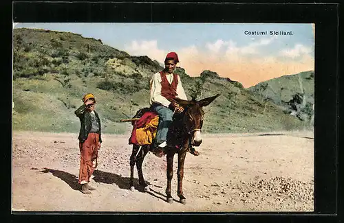 AK Sizilien, Mann auf Esel und Knabe in traditioneller Kleidung