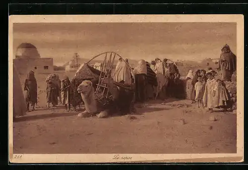 AK Karawane mit rastendem Kamel und Wüstenbewohnern