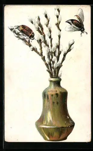 Künstler-AK Maikäfer und Vase mit Weidenkätzchen, Pfingstgruss