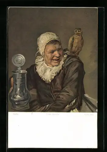 Künstler-AK Zecher mit Bierkrug und Eule auf der Schulter