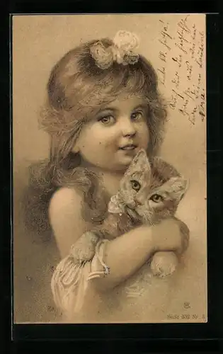 Künstler-AK Mädchen mit Haarschleife und Katze auf dem Arm